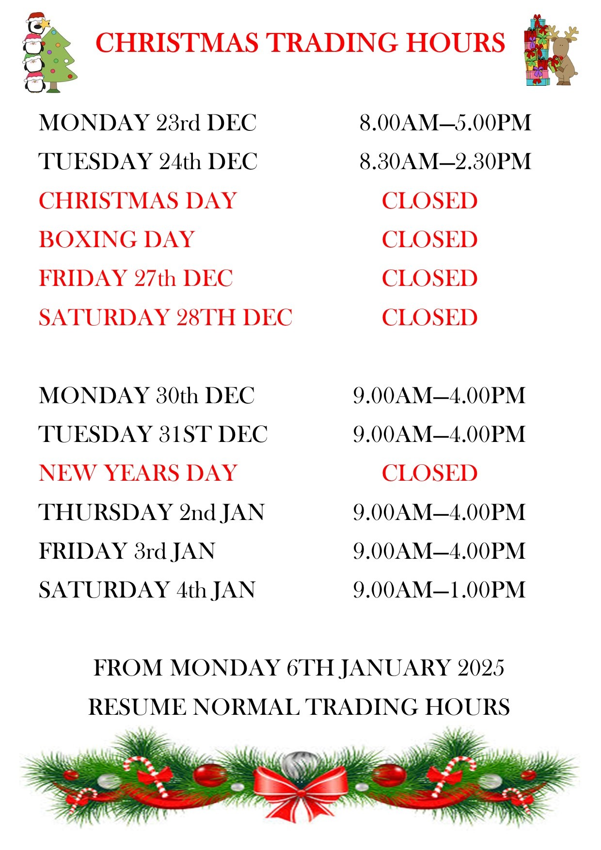 Holiday Trading Hours